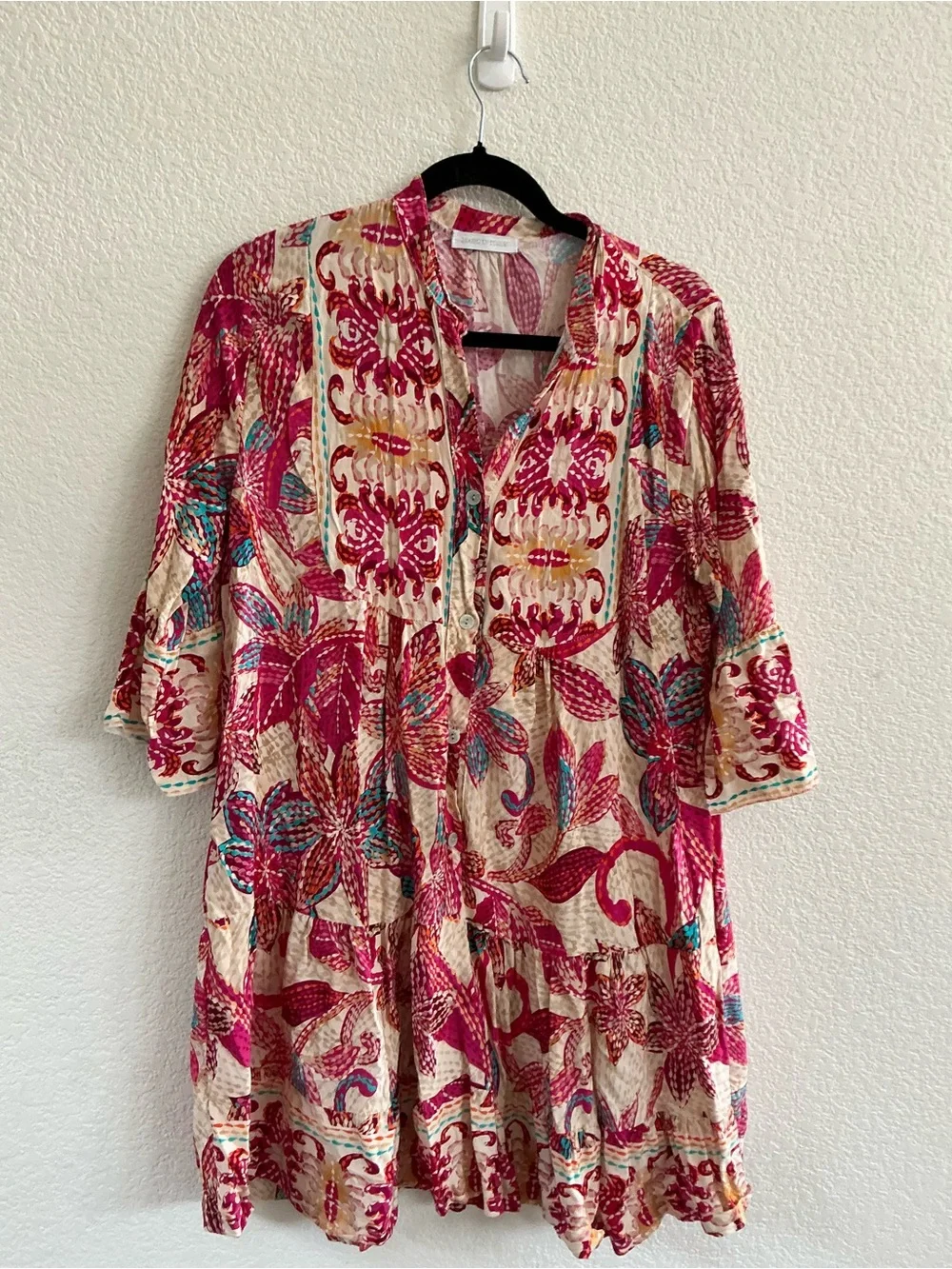 Boho Floral V-Neck Tiered Mini Dress in Red and Cream size large - Picture 4 of 6